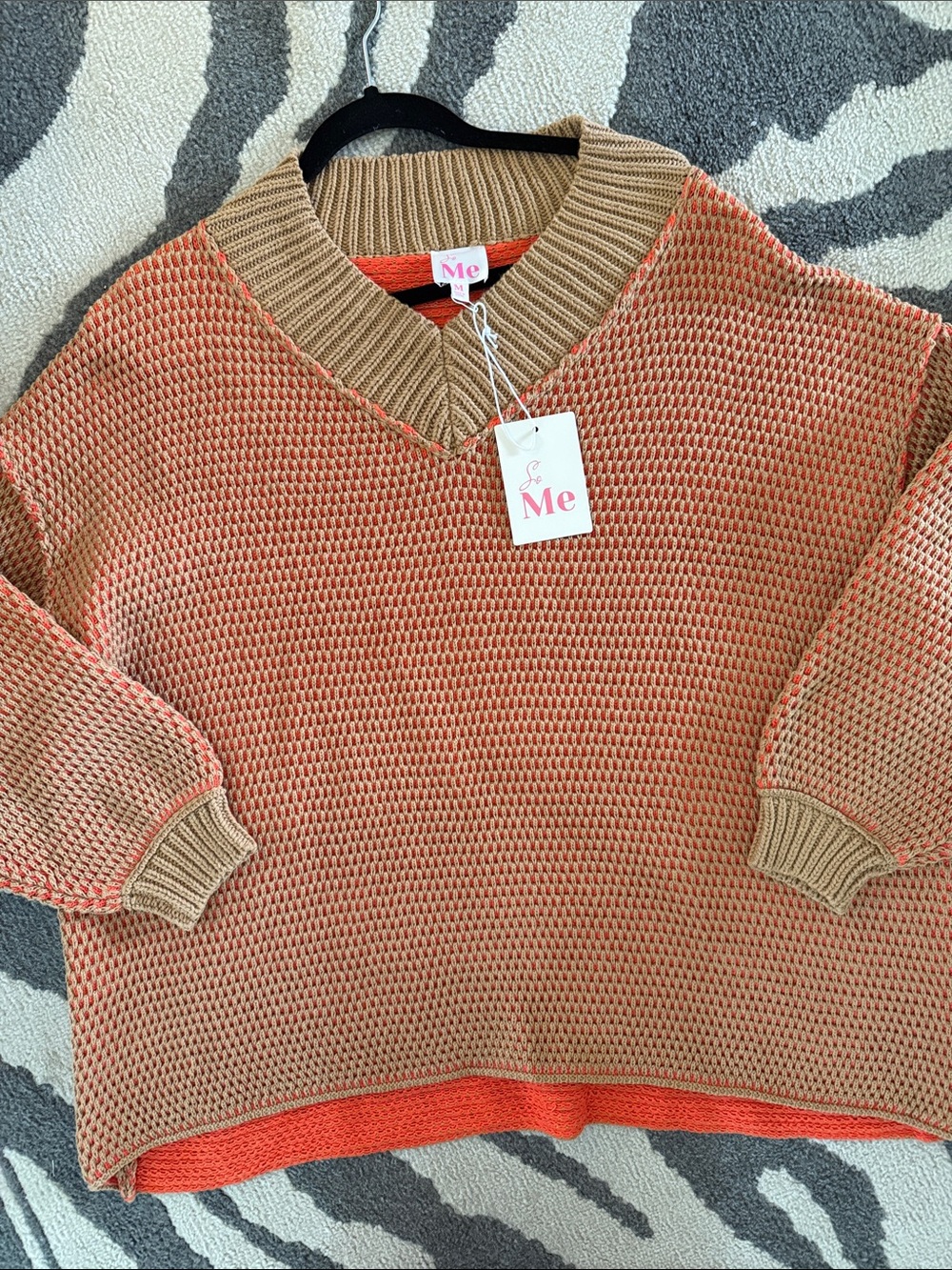 So Me Tan and Coral Waffle-Knit V-Neck Sweater oversized